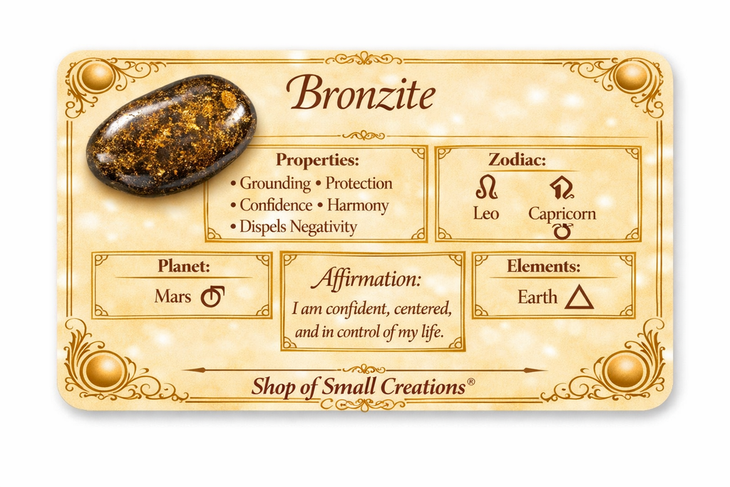 Bronzite gemstone properties card with zodiac and element symbols