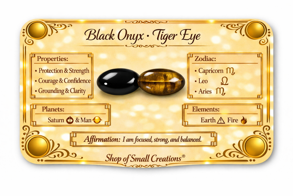 Black onyx tiger eye care card with zodiac, planet, and affirmation text