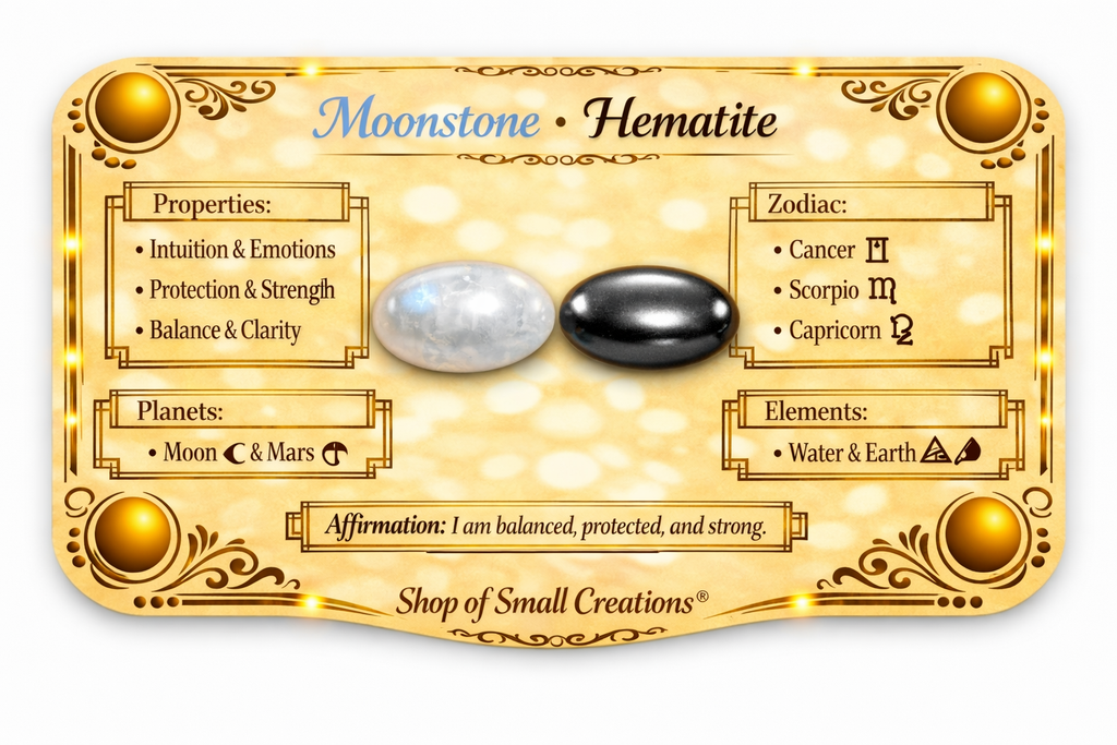 Moonstone + Hematite Beaded Stretch Bracelet 6mm • No Clasp • Intuition & Strength Crystal Jewelry - Shop of Small Creations, LLC