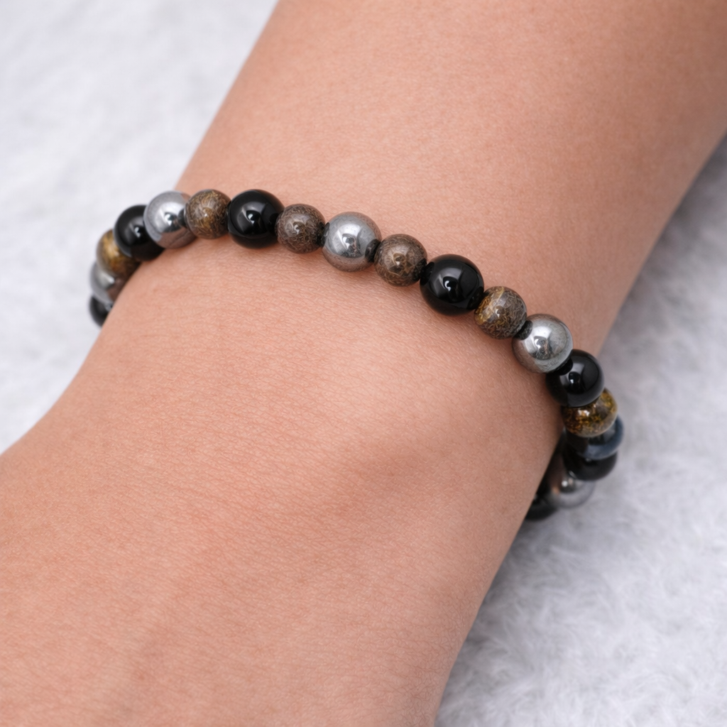 Black Onyx + Bronzite Beaded Stretch Bracelet 6mm | Protection Grounding Strength, Healing Crystal Jewelry, Gift for Him
