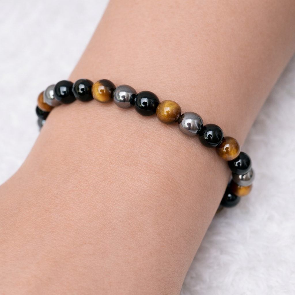 Black Onyx + Hematite Beaded Stretch Bracelet 6mm | Protection Grounding Strength, Healing Crystal Jewelry, Gift for Him