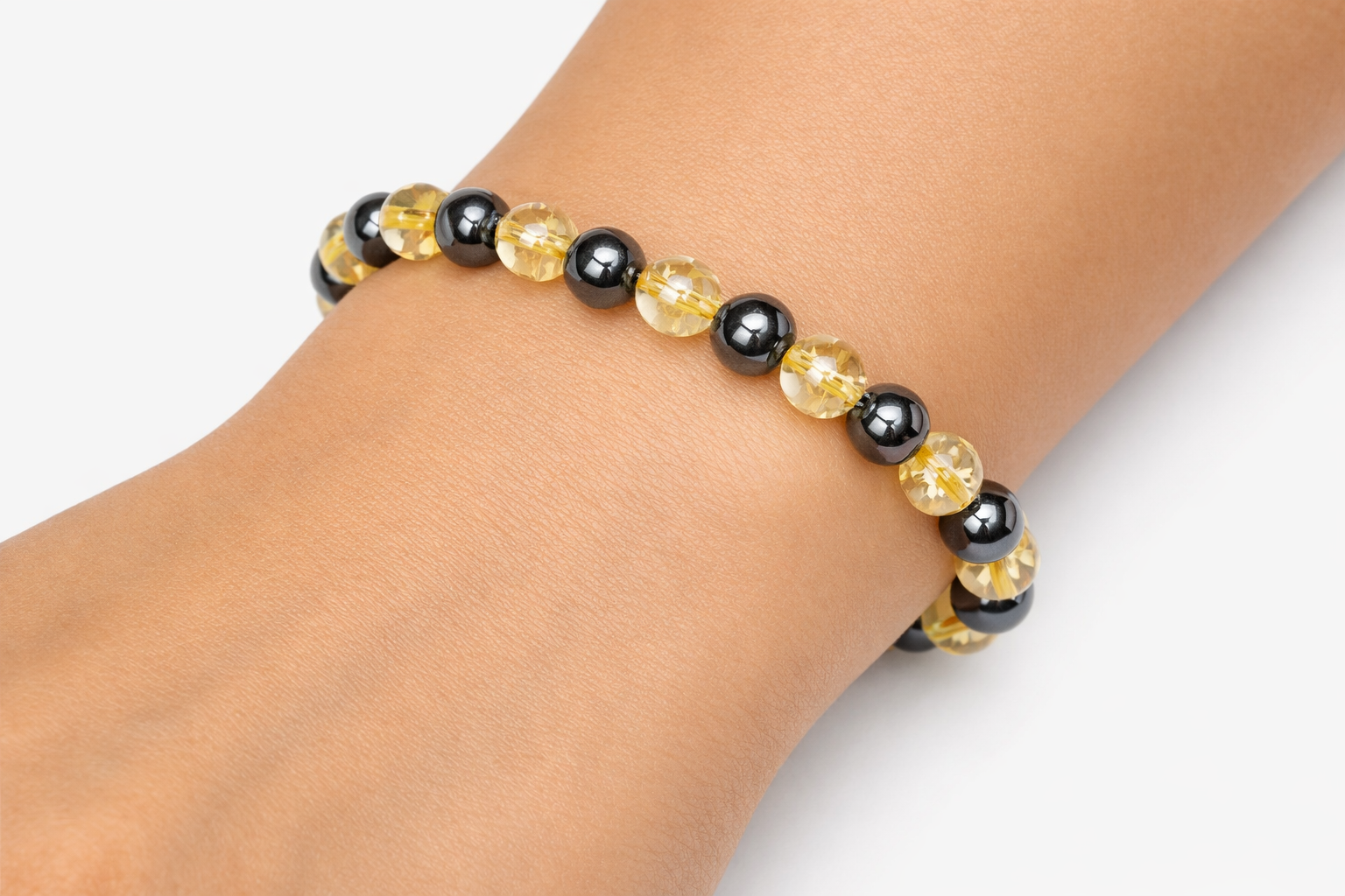 Citrine + Hematite Beaded Stretch Bracelet 6mm | Joy Abundance Positivity, Healing Crystal Jewelry, Gift for Her