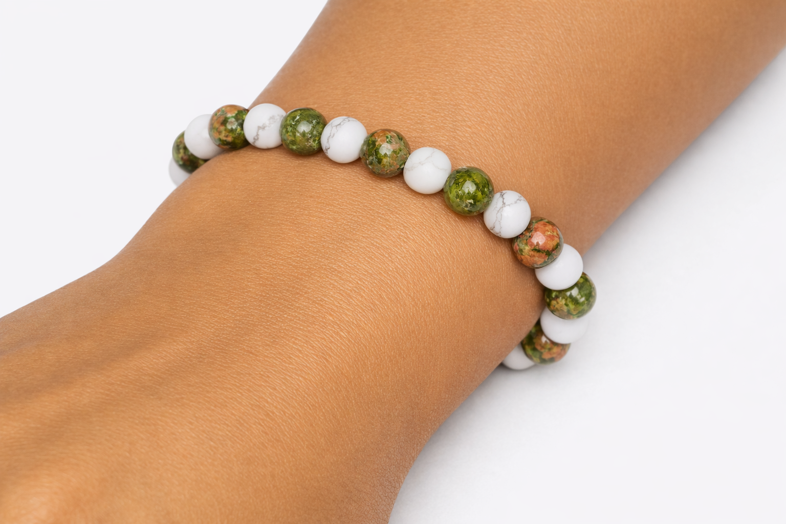 Matte Unakite + White Howlite Beaded Stretch Bracelet 6mm | Harmony Balance Renewal, Healing Crystal Jewelry, Gift for Her