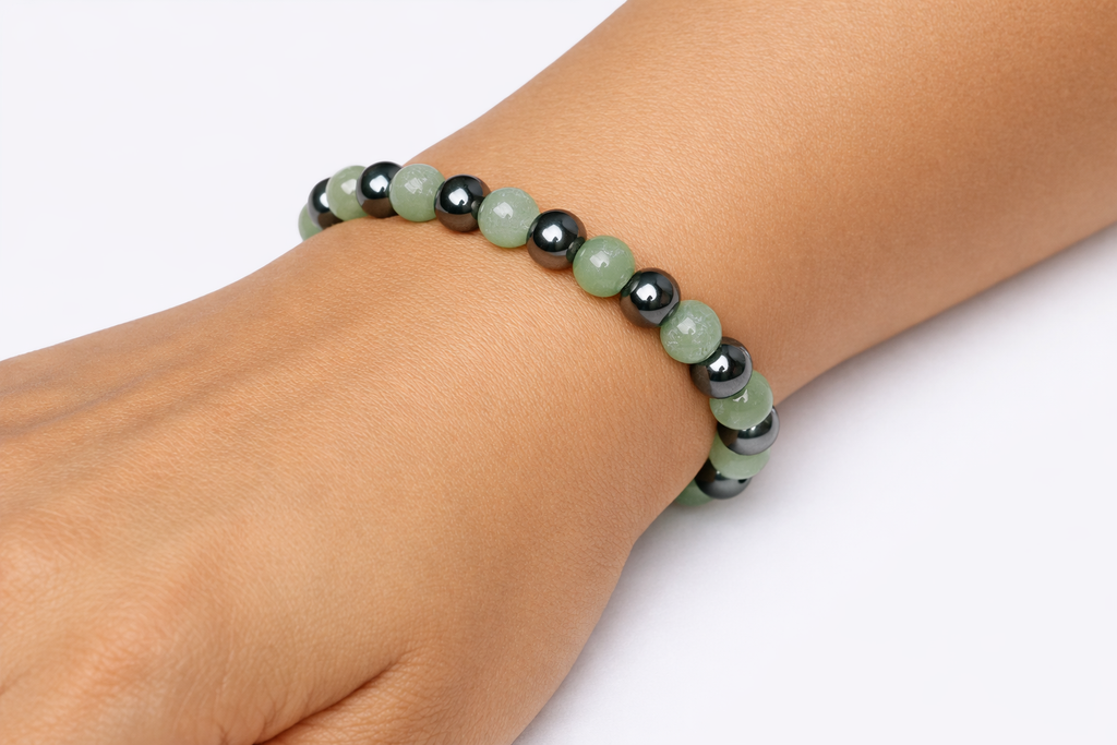 Green Aventurine + Hematite Beaded Stretch Bracelet 6mm | Luck Renewal Prosperity, Healing Crystal Jewelry, Gift for Her