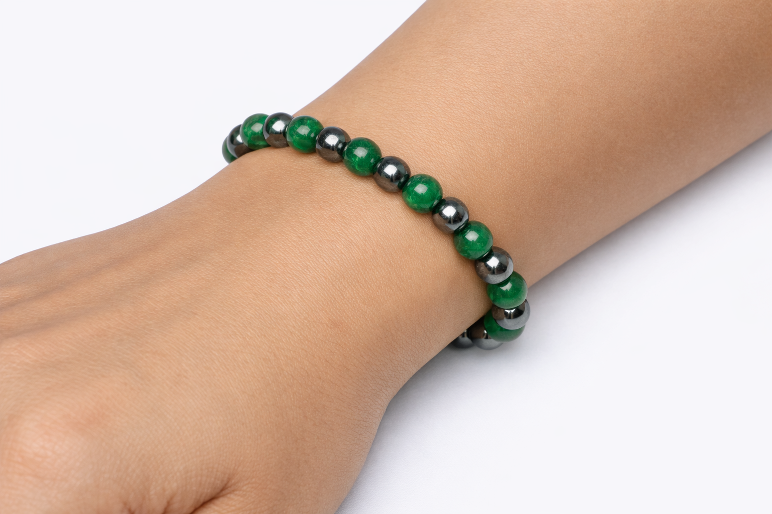 Emerald Green Quartz + Hematite Beaded Stretch Bracelet 6mm | Renewal Calm Growth, Healing Crystal Jewelry, Gift for Her