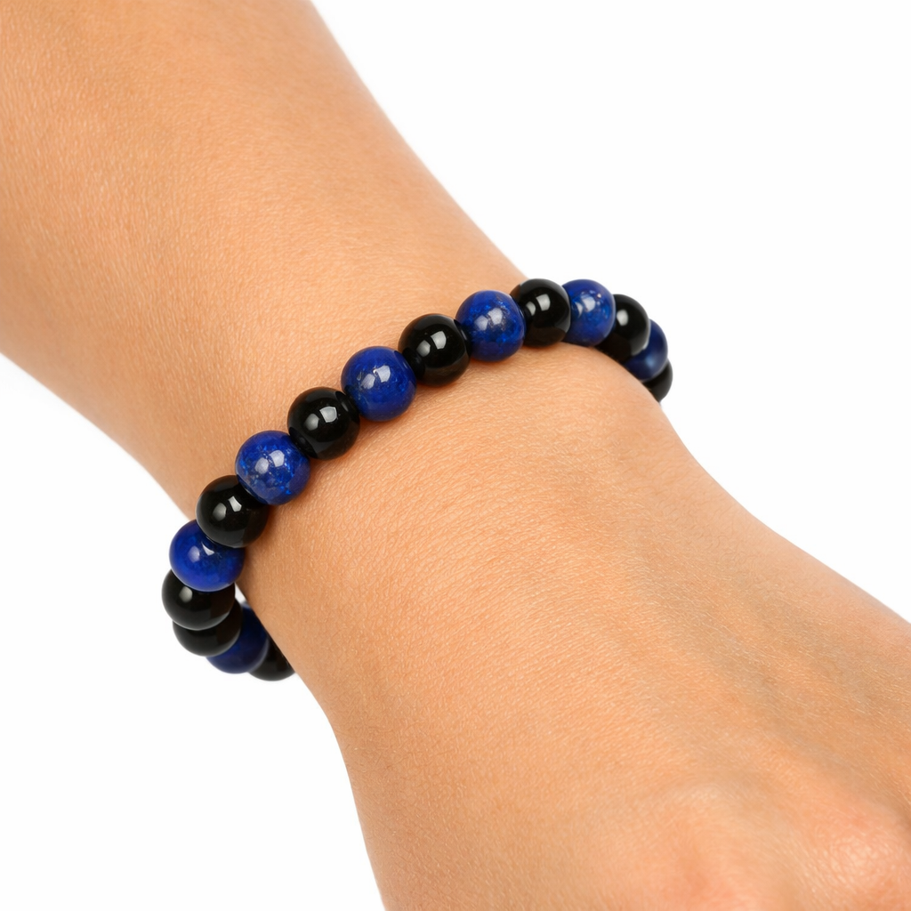 Lapis Lazuli + Black Onyx Beaded Stretch Bracelet 6mm | Wisdom Truth Clarity, Healing Crystal Jewelry, Gift for Her