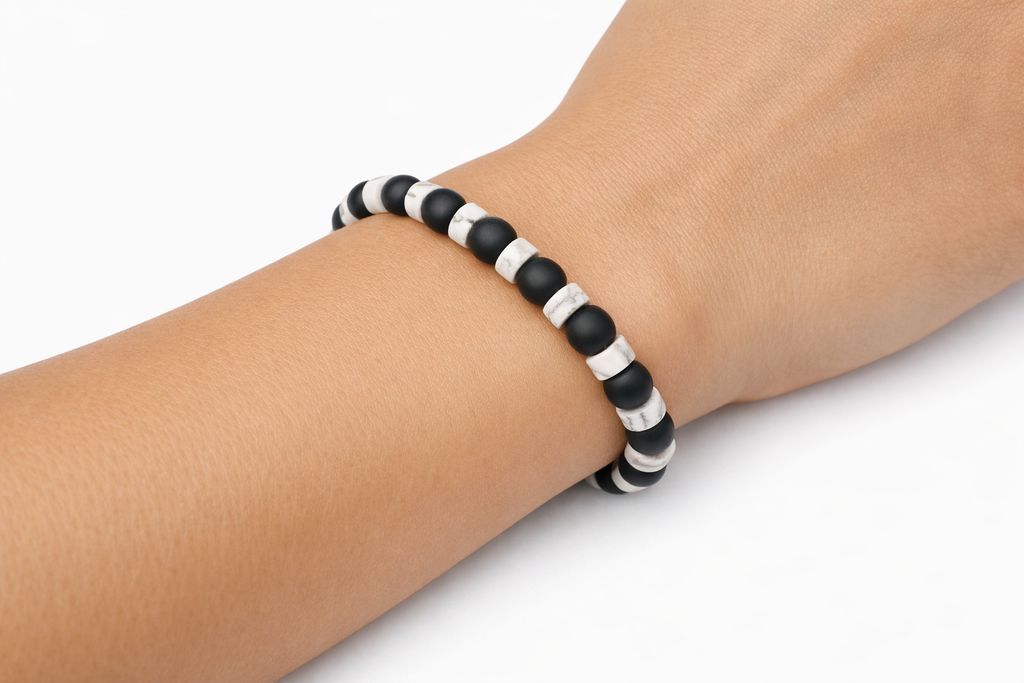 Matte Black Onyx + White Howlite Heishi Beaded Stretch Bracelet 6mm | Protection Grounding Strength, Healing Crystal Jewelry, Gift for Him