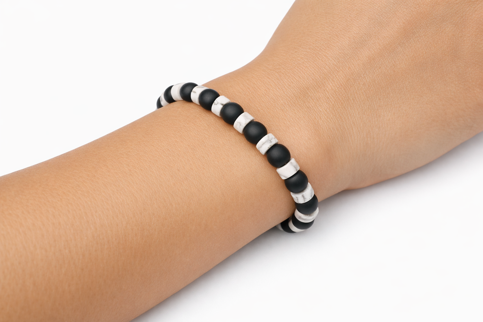 Matte Black Onyx + White Howlite Heishi Beaded Stretch Bracelet 6mm | Protection Grounding Strength, Healing Crystal Jewelry, Gift for Him