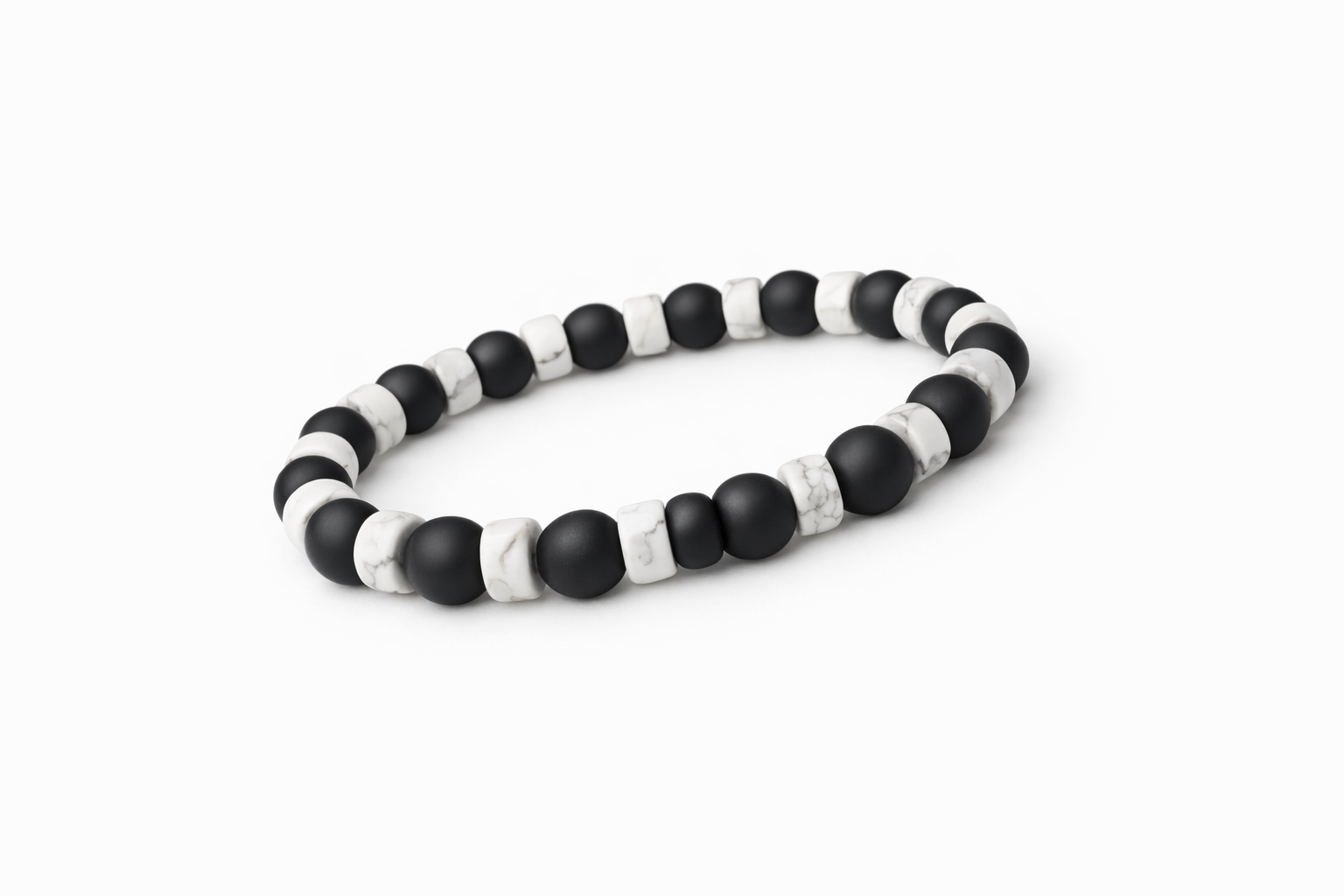 Matte Black Onyx + White Howlite Heishi Beaded Stretch Bracelet 6mm | Protection Grounding Strength, Healing Crystal Jewelry, Gift for Him