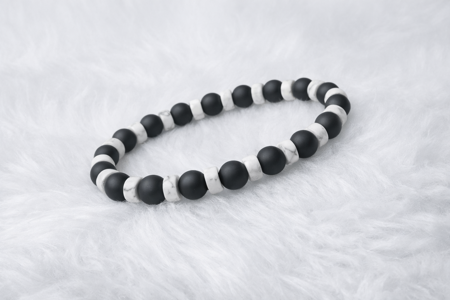 Matte Black Onyx + White Howlite Heishi Beaded Stretch Bracelet 6mm | Protection Grounding Strength, Healing Crystal Jewelry, Gift for Him