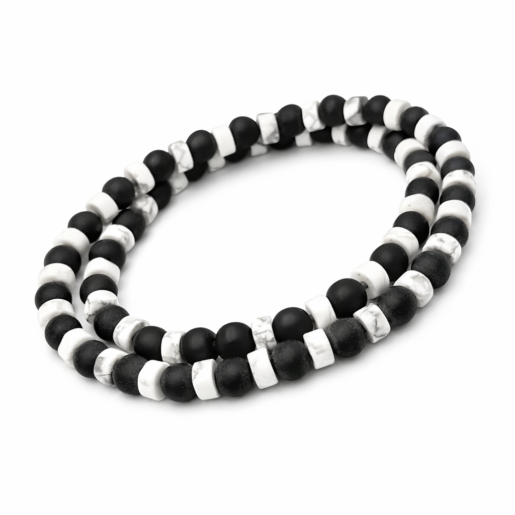 Matte Black Onyx + White Howlite Heishi Beaded Stretch Necklace 6mm | Protection Grounding Strength, Healing Crystal Jewelry, Gift for Him