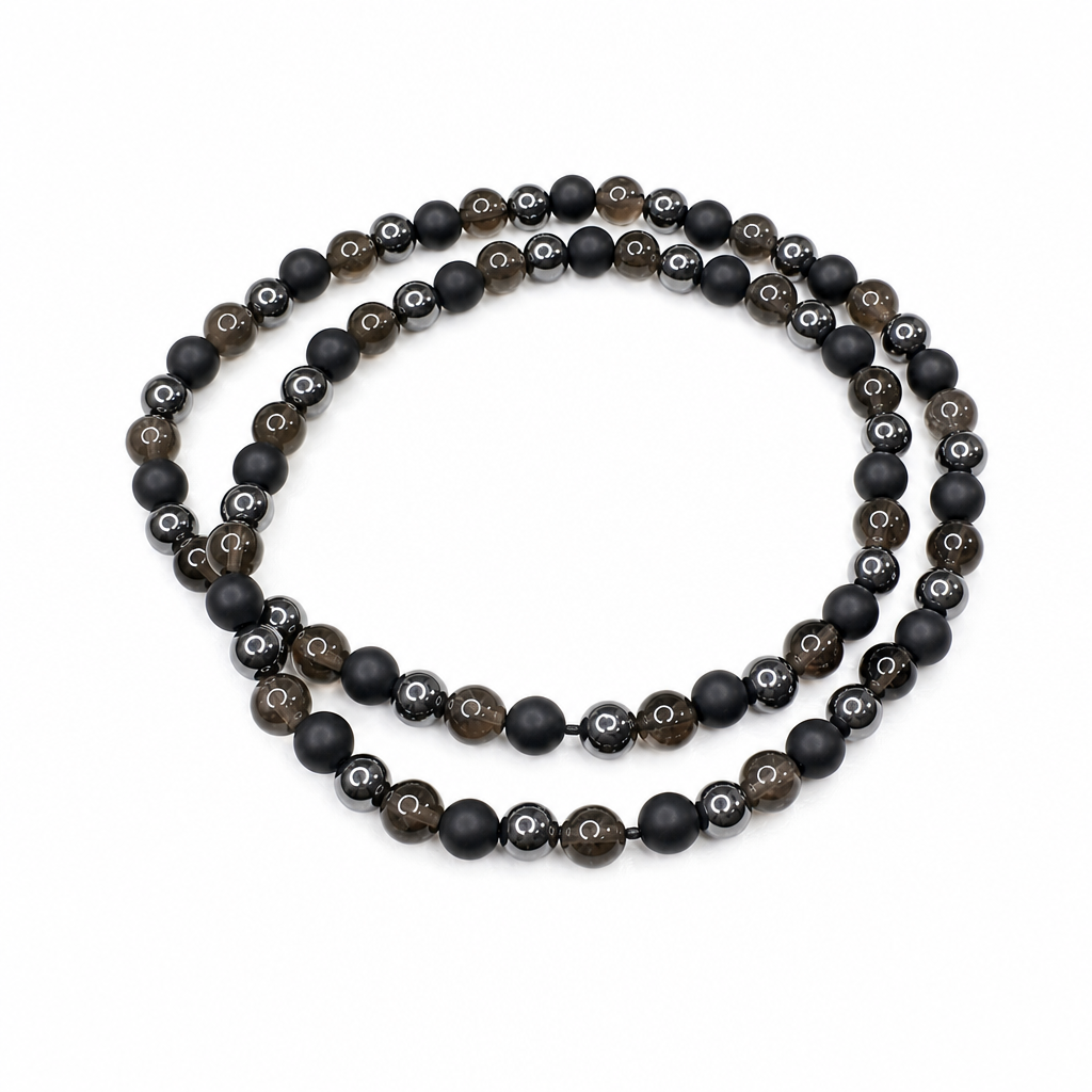 Black Onyx (Matte), Hematite, Smoky Quartz Stretch Necklace • No Clasp • Protection & Clarity Crystal Jewelry