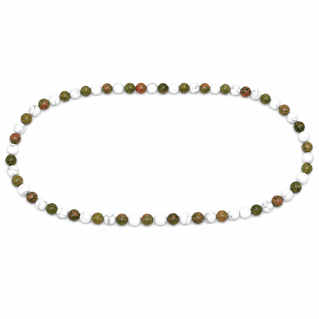 Unakite + Matte White Howlite Beaded Stretch Necklace 6mm | Harmony Balance Renewal, Healing Crystal Jewelry, Gift for Her