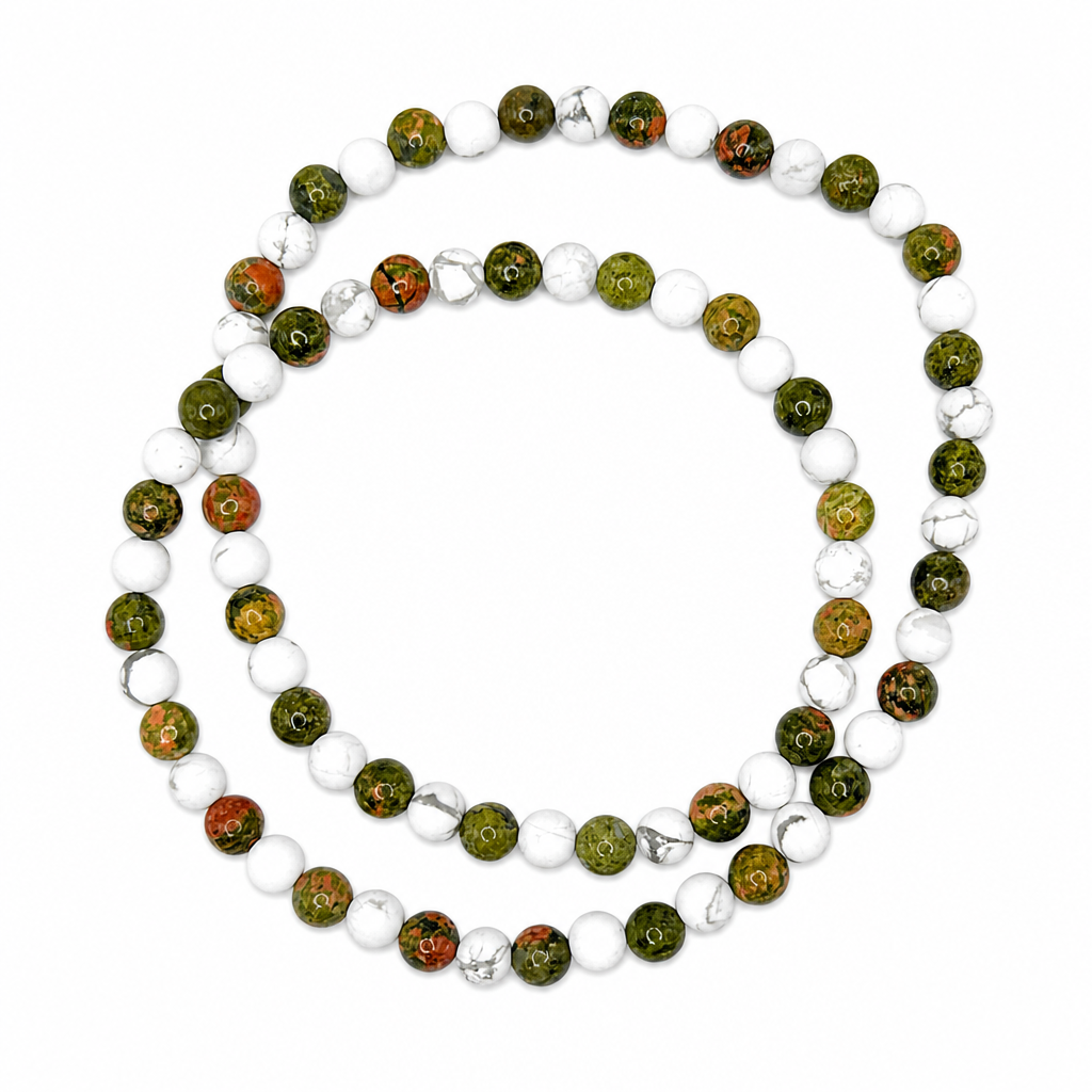 Unakite + Matte White Howlite Beaded Stretch Necklace 6mm | Harmony Balance Renewal, Healing Crystal Jewelry, Gift for Her
