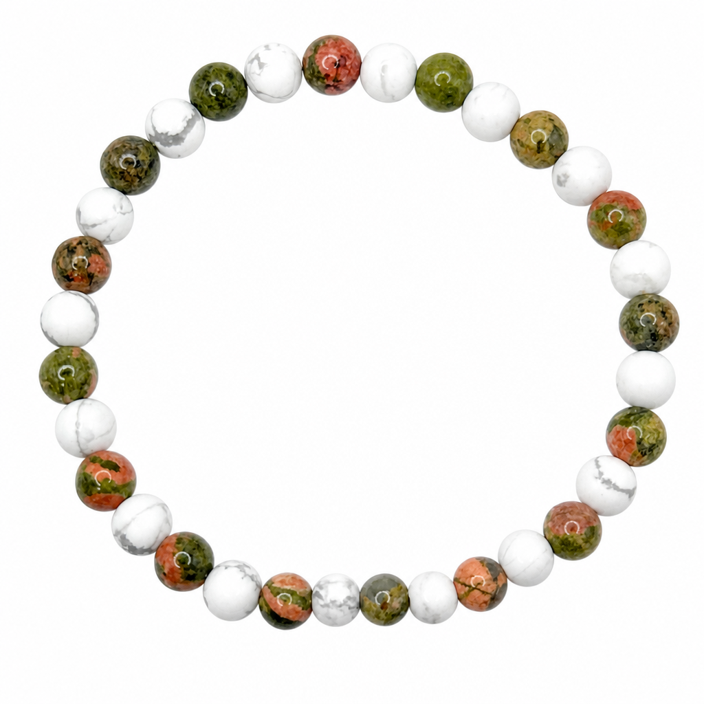 Unakite + Matte White Howlite Beaded Stretch Bracelet 6mm — Harmony, Calm & Spiritual Beauty
