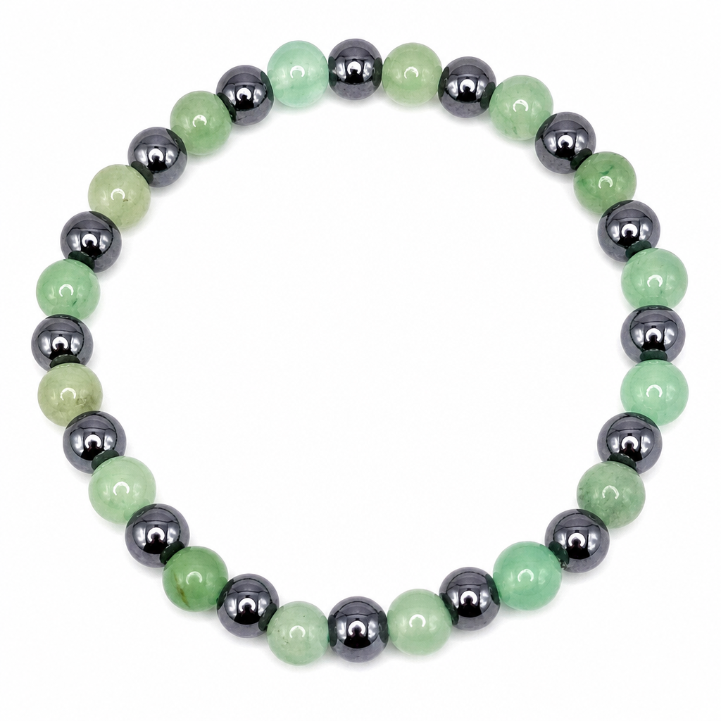 Green Aventurine + Hematite Beaded Stretch Bracelet 6mm • No Clasp • Renewal &amp; Balance Crystal Jewelry • Handmade