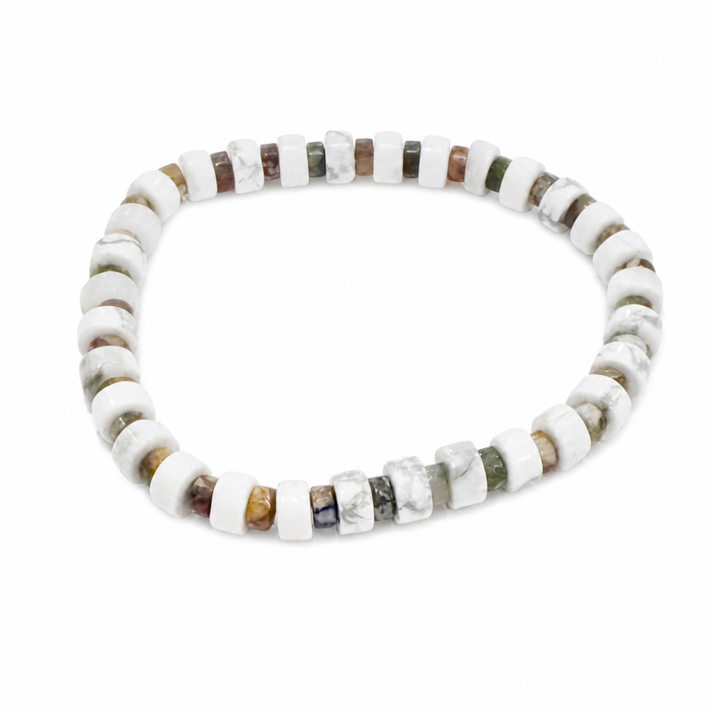 White Howlite (6mm) + Mardi Gras Imperial Jasper 4mm Heishi Stretch Bracelet • No Clasp • Calm & Joy Crystal Jewelry