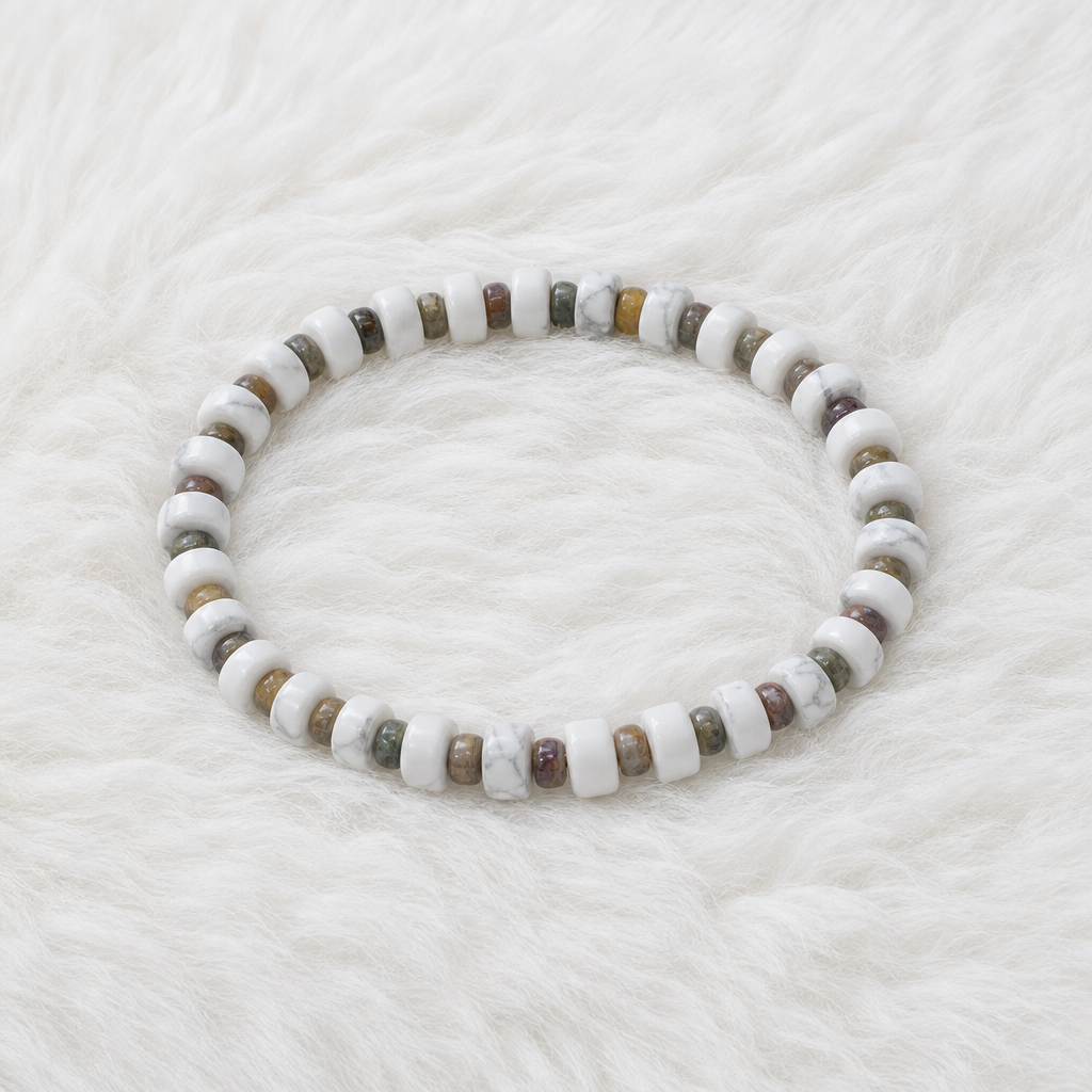 White Howlite (6mm) + Mardi Gras Imperial Jasper 4mm Heishi Stretch Bracelet • No Clasp • Calm & Joy Crystal Jewelry