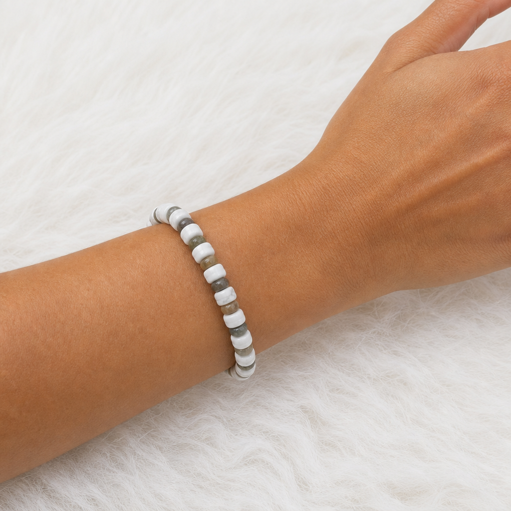 White Howlite (6mm) + Mardi Gras Imperial Jasper 4mm Heishi Stretch Bracelet • No Clasp • Calm & Joy Crystal Jewelry