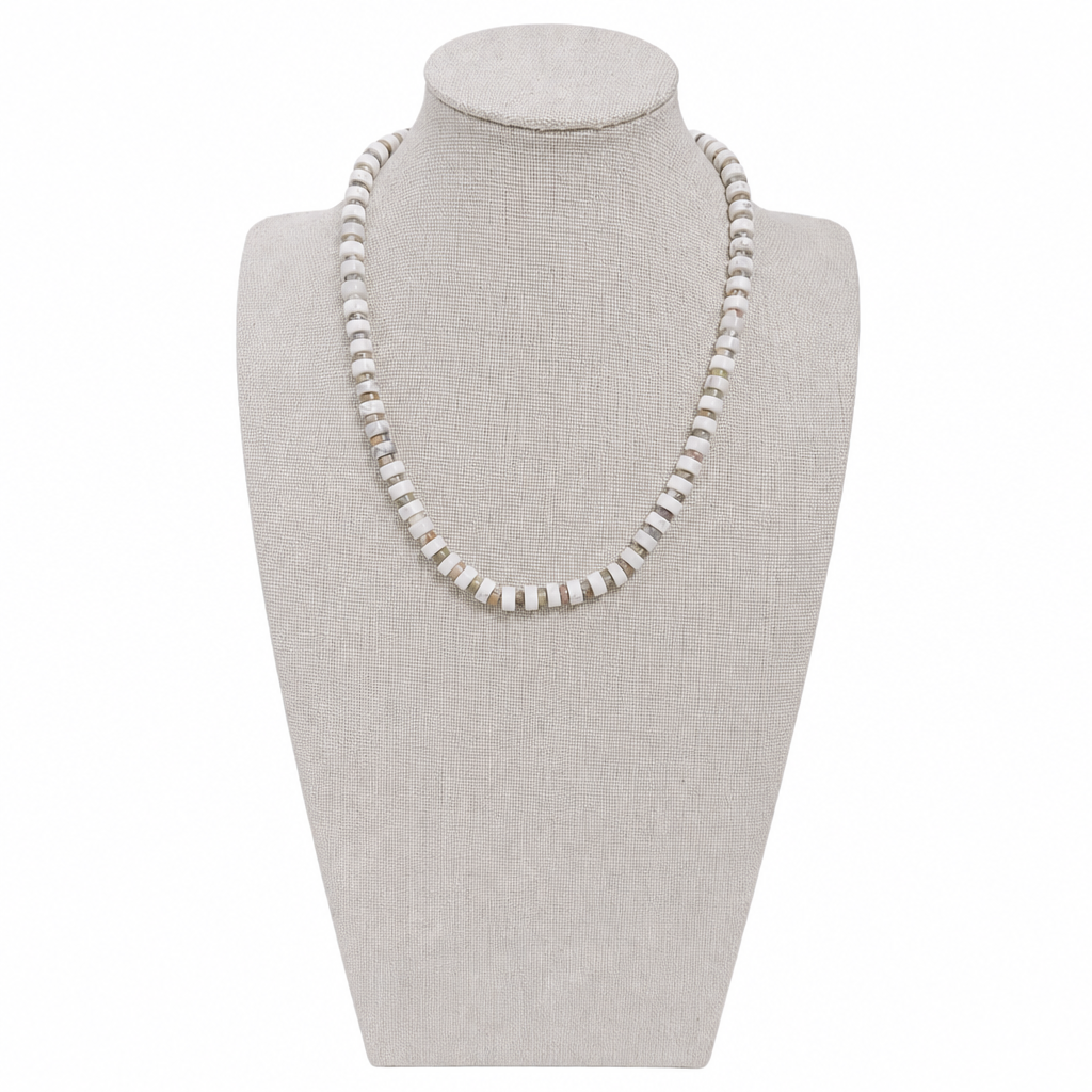White Howlite 6mm Heisi + Mardi Gras Imperial Jasper 4mm Heishi Stretch Necklace • No Clasp • Calm & Joy Crystal Jewelry