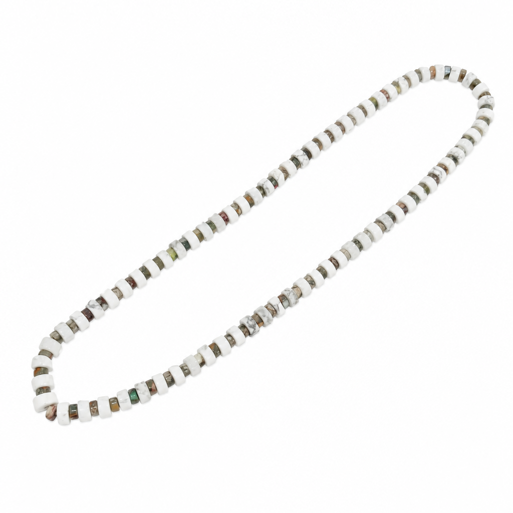 White Howlite 6mm Heisi + Mardi Gras Imperial Jasper 4mm Heishi Stretch Necklace • No Clasp • Calm & Joy Crystal Jewelry