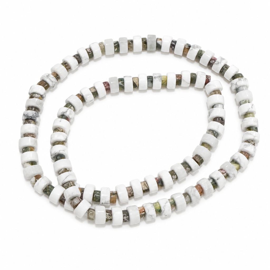 White Howlite 6mm Heisi + Mardi Gras Imperial Jasper 4mm Heishi Stretch Necklace • No Clasp • Calm & Joy Crystal Jewelry