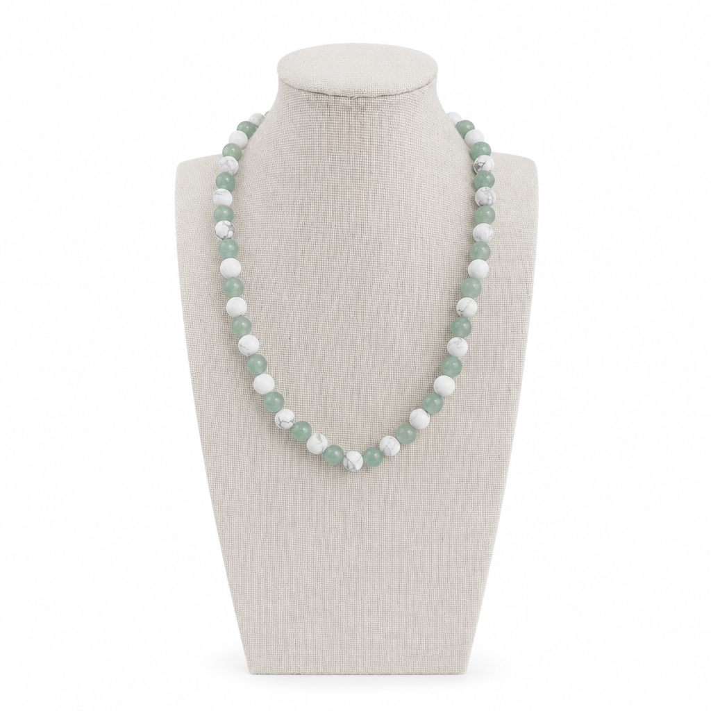 Green Aventurine + Matte White Howlite Stretch Beaded Necklace 8mm • No Clasp • Renewal & Calm Crystal Jewelry • Handmade