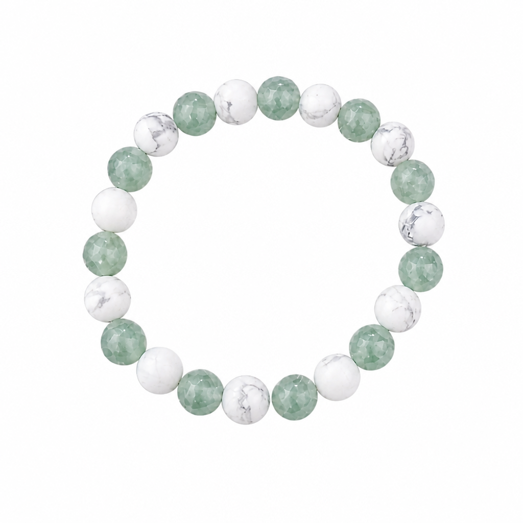 Green Aventurine + Matte White Howlite Stretch Beaded Bracelet 8mm • No Clasp • Renewal & Calm Crystal Jewelry • Handmade