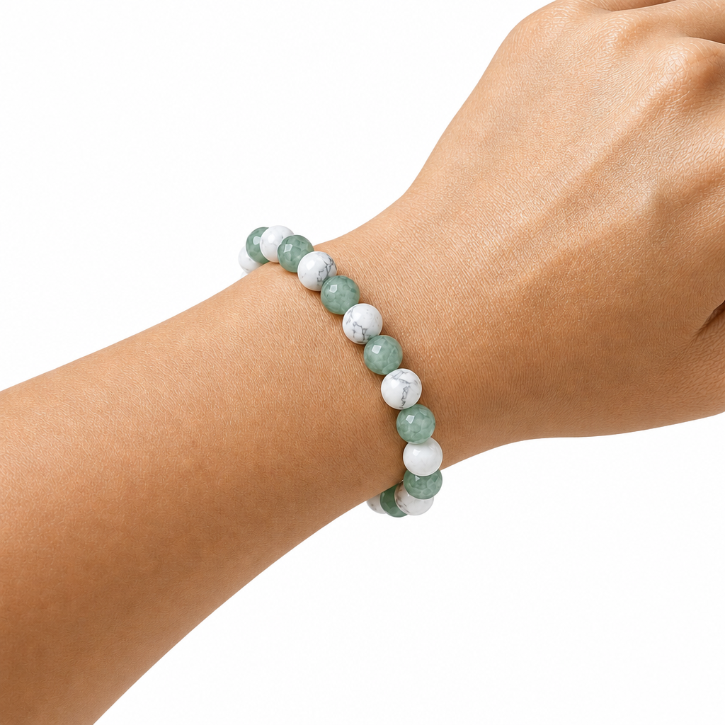 Green Aventurine + Matte White Howlite Stretch Beaded Bracelet 8mm • No Clasp • Renewal & Calm Crystal Jewelry • Handmade