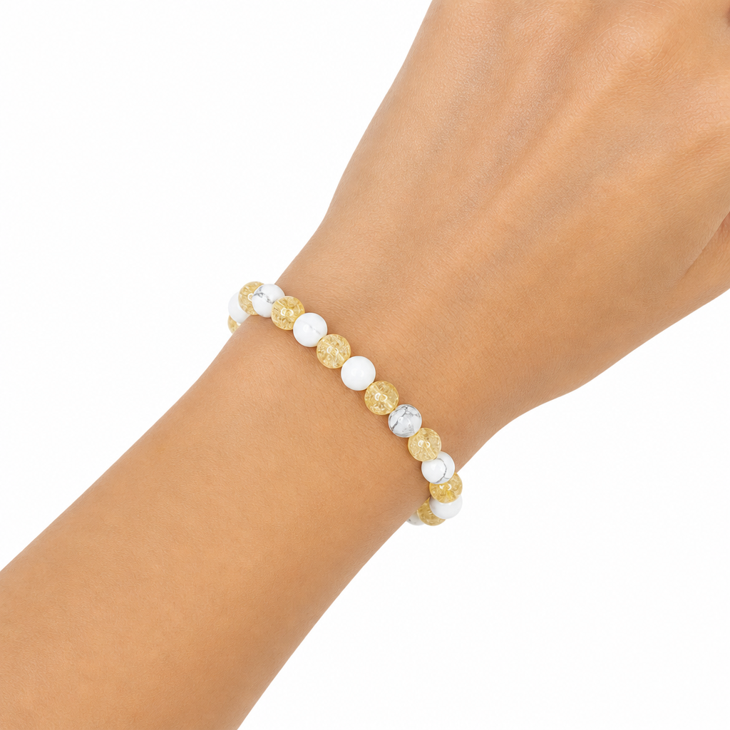 White Howlite (Matte) + Citrine Stretch Beaded Bracelet • No Clasp • Calm & Joy Crystal Jewelry • Handmade - Shop of Small Creations, LLC
