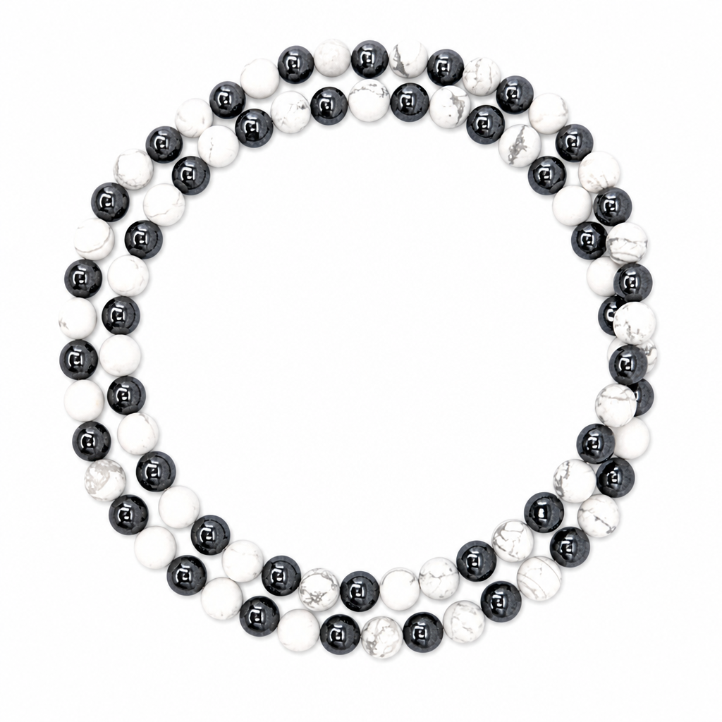 White Howlite (Matte) + Hematite Beaded Stretch Necklace 6mm • No Clasp • Calm & Strength Crystal Jewelry • Handmade
