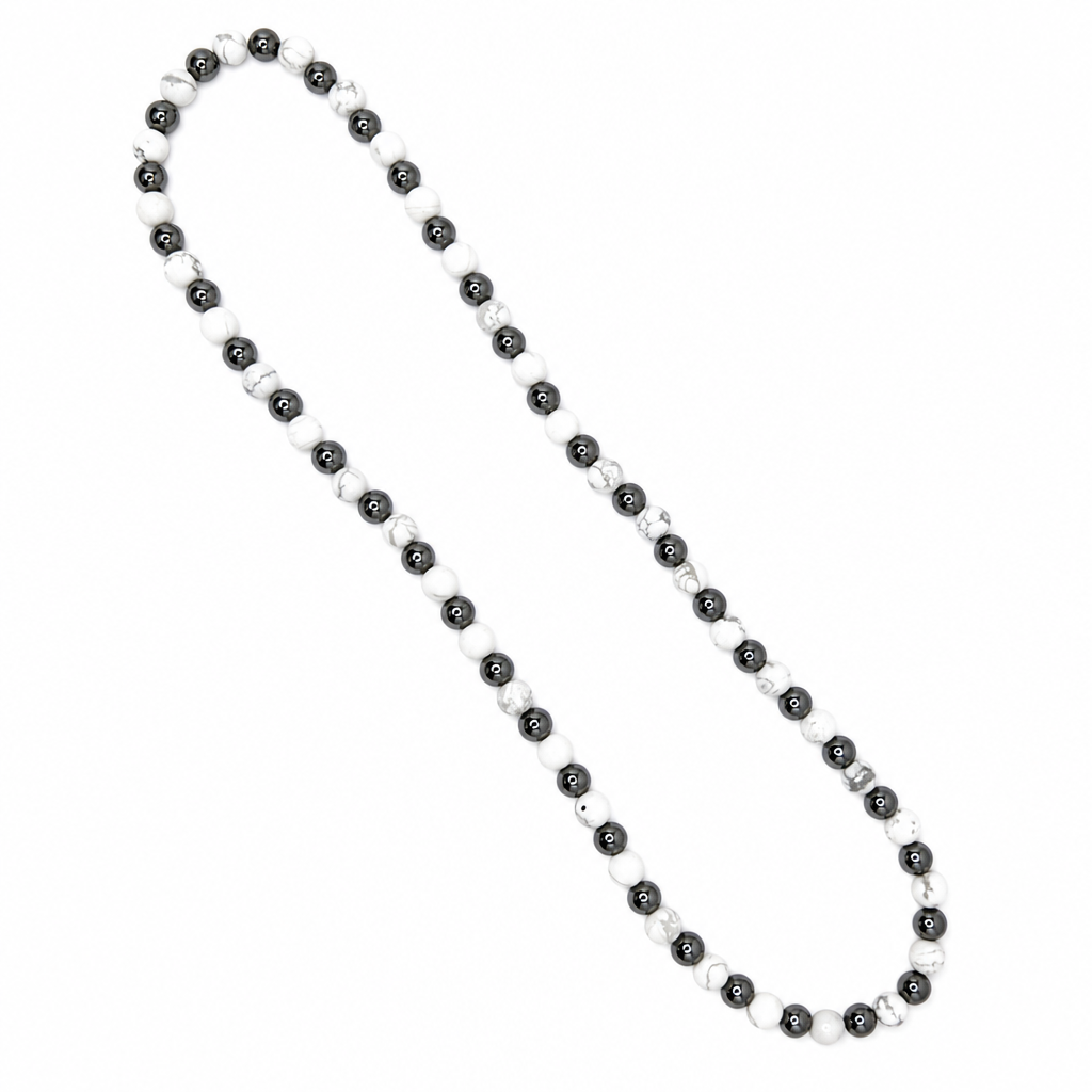 White Howlite (Matte) + Hematite Beaded Stretch Necklace 6mm • No Clasp • Calm & Strength Crystal Jewelry • Handmade