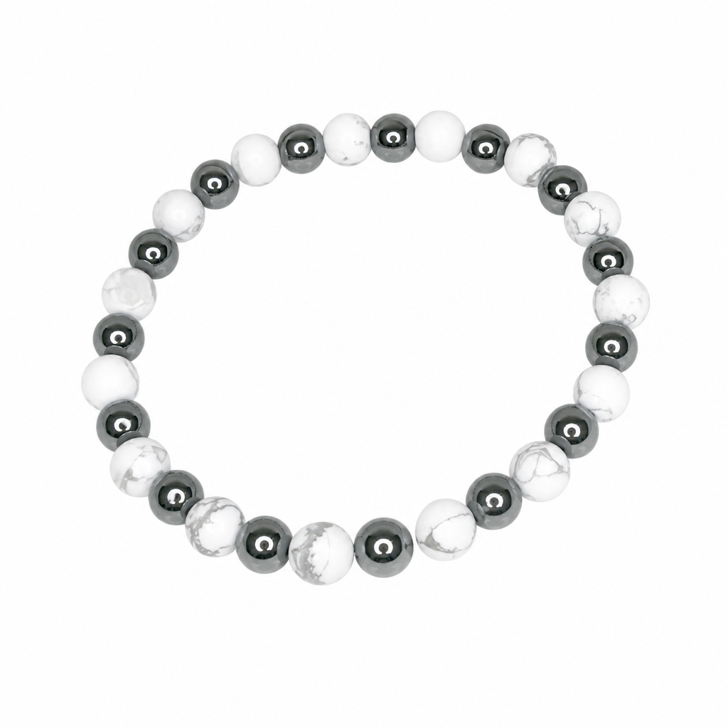 White Howlite (Matte) + Hematite Beaded Stretch Bracelet 6mm • No Clasp • Calm & Strength Crystal Jewelry • Handmade - Shop of Small Creations, LLC