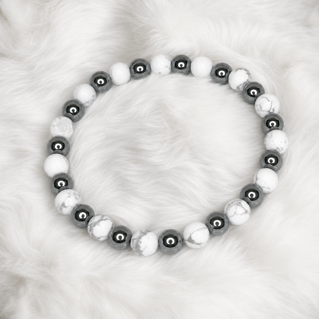 White Howlite (Matte) + Hematite Beaded Stretch Bracelet 6mm • No Clasp • Calm & Strength Crystal Jewelry • Handmade - Shop of Small Creations, LLC