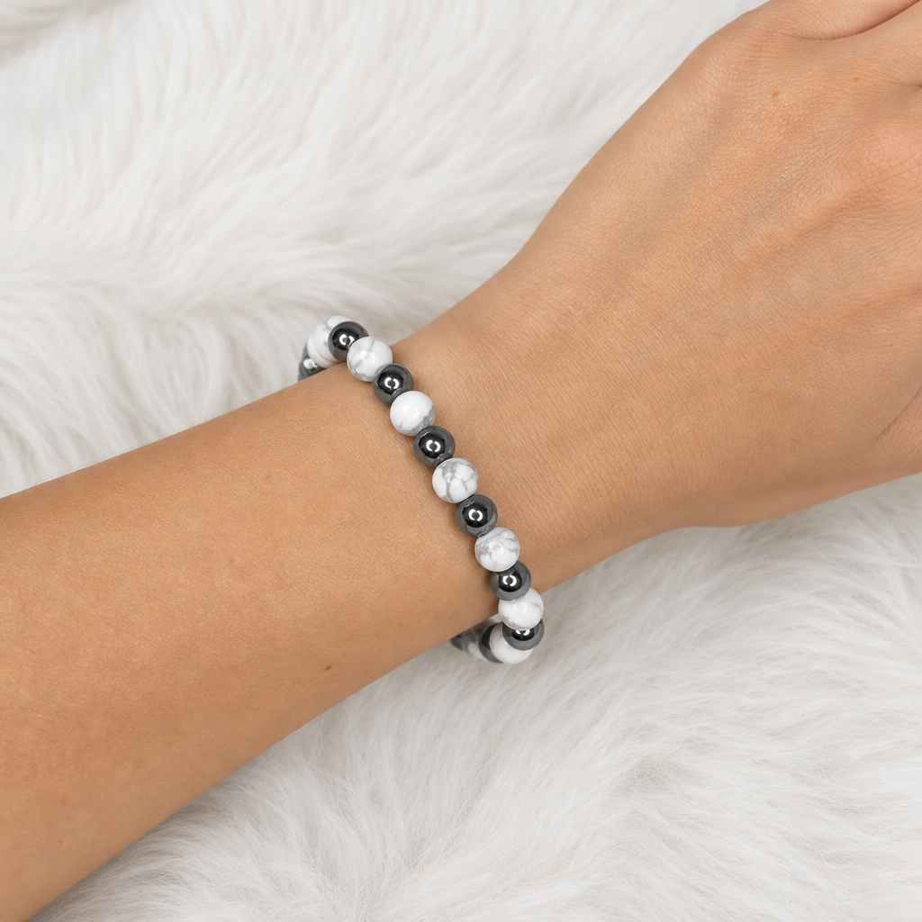 White Howlite (Matte) + Hematite Beaded Stretch Bracelet 6mm • No Clasp • Calm & Strength Crystal Jewelry • Handmade - Shop of Small Creations, LLC
