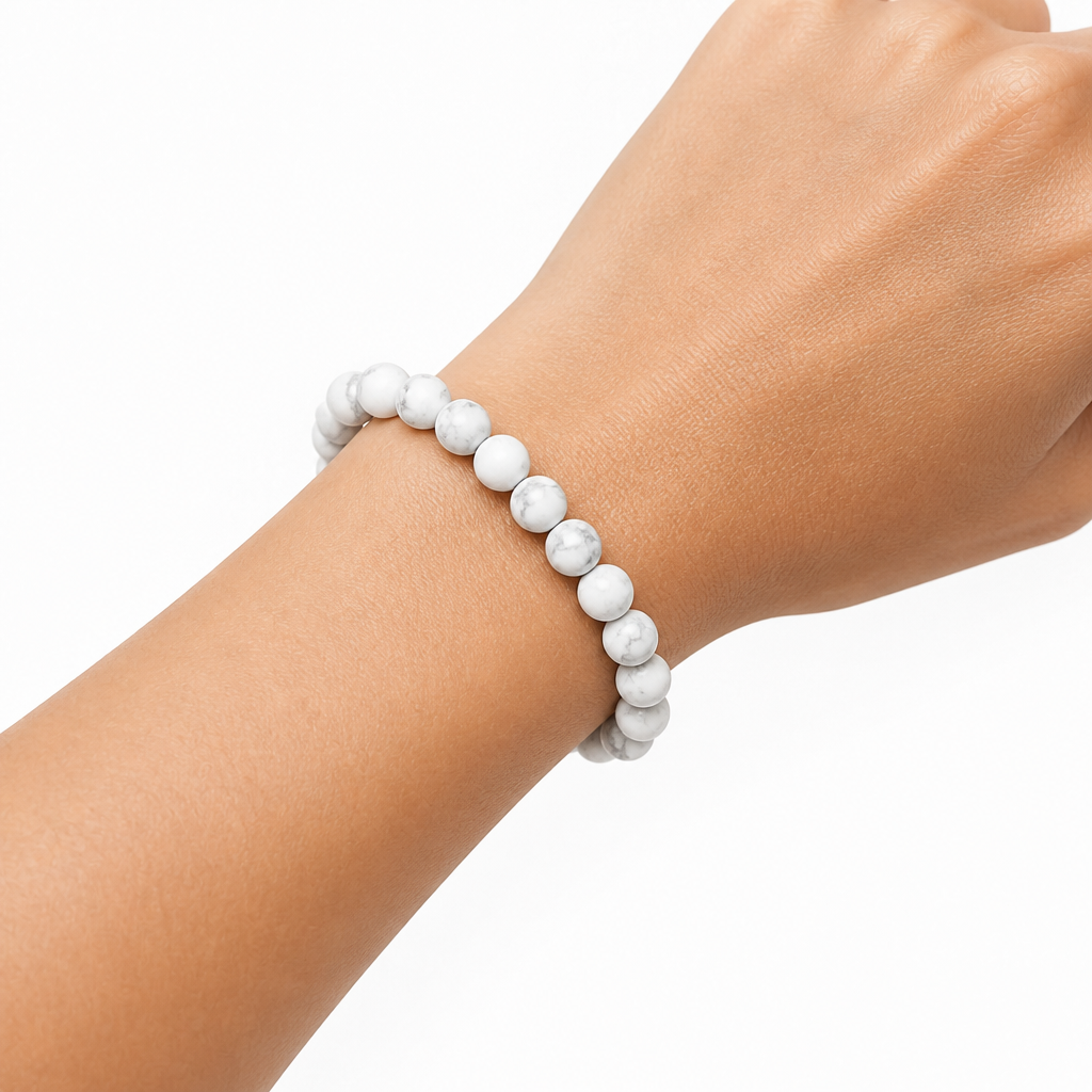 White Howlite (Matte) Beaded Stretch Bracelet 6mm • No Clasp • Calm & Clarity Crystal Jewelry • Handmade - Shop of Small Creations, LLC