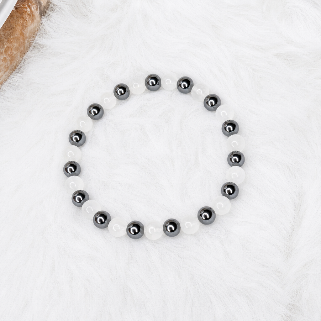 Moonstone + Hematite Beaded Stretch Bracelet 6mm • No Clasp • Intuition & Strength Crystal Jewelry - Shop of Small Creations, LLC