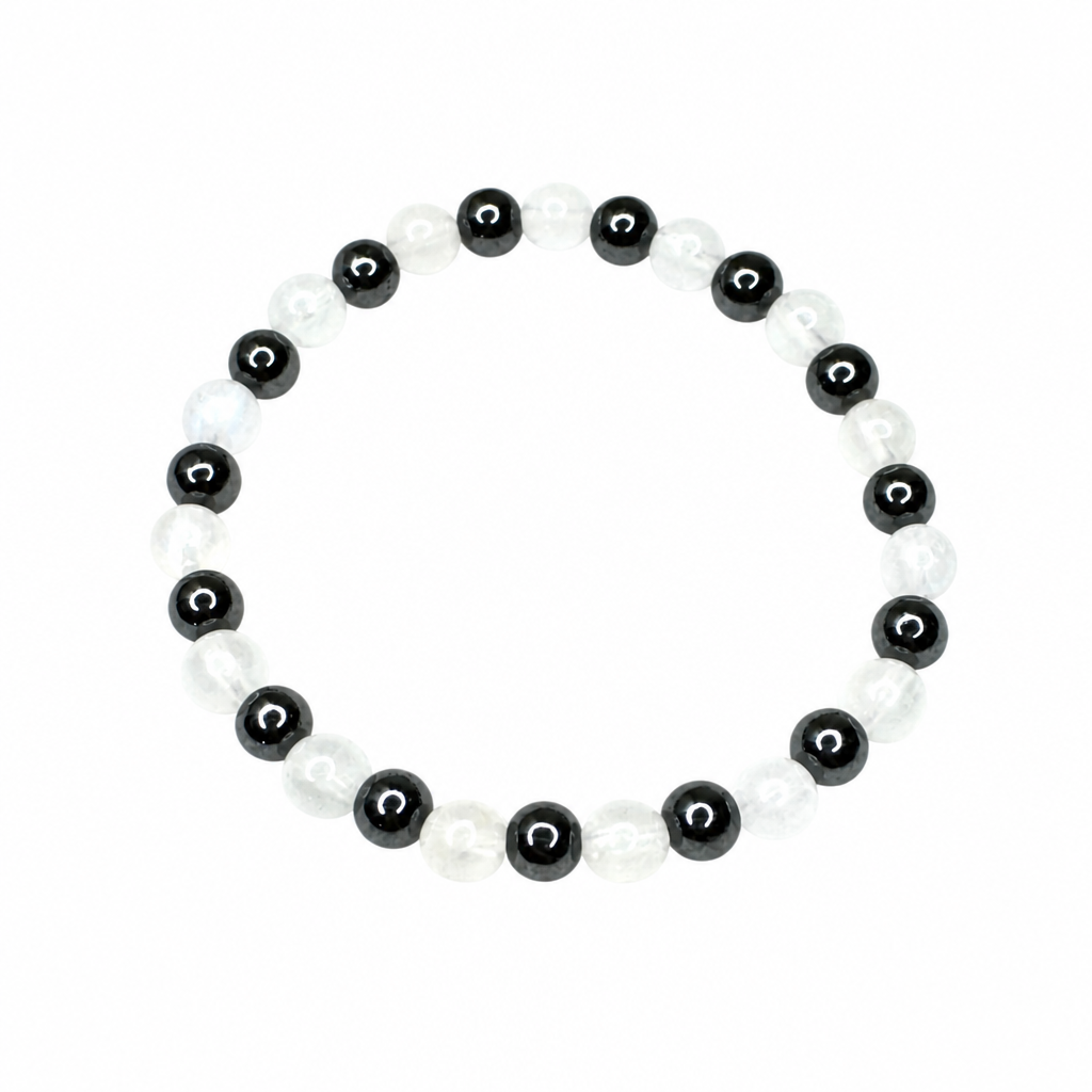 Moonstone + Hematite Beaded Stretch Bracelet 6mm • No Clasp • Intuition & Strength Crystal Jewelry - Shop of Small Creations, LLC