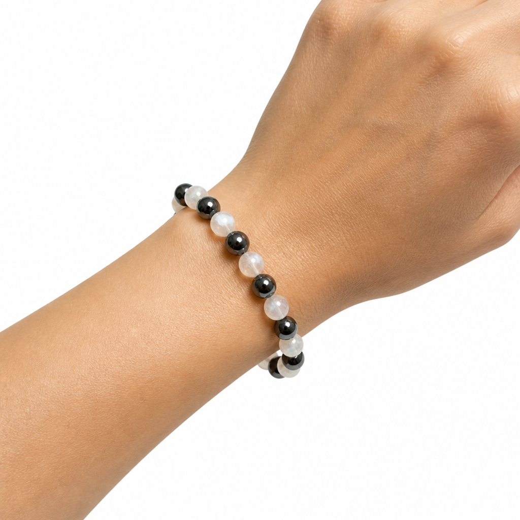 Moonstone + Hematite Beaded Stretch Bracelet 6mm • No Clasp • Intuition & Strength Crystal Jewelry - Shop of Small Creations, LLC