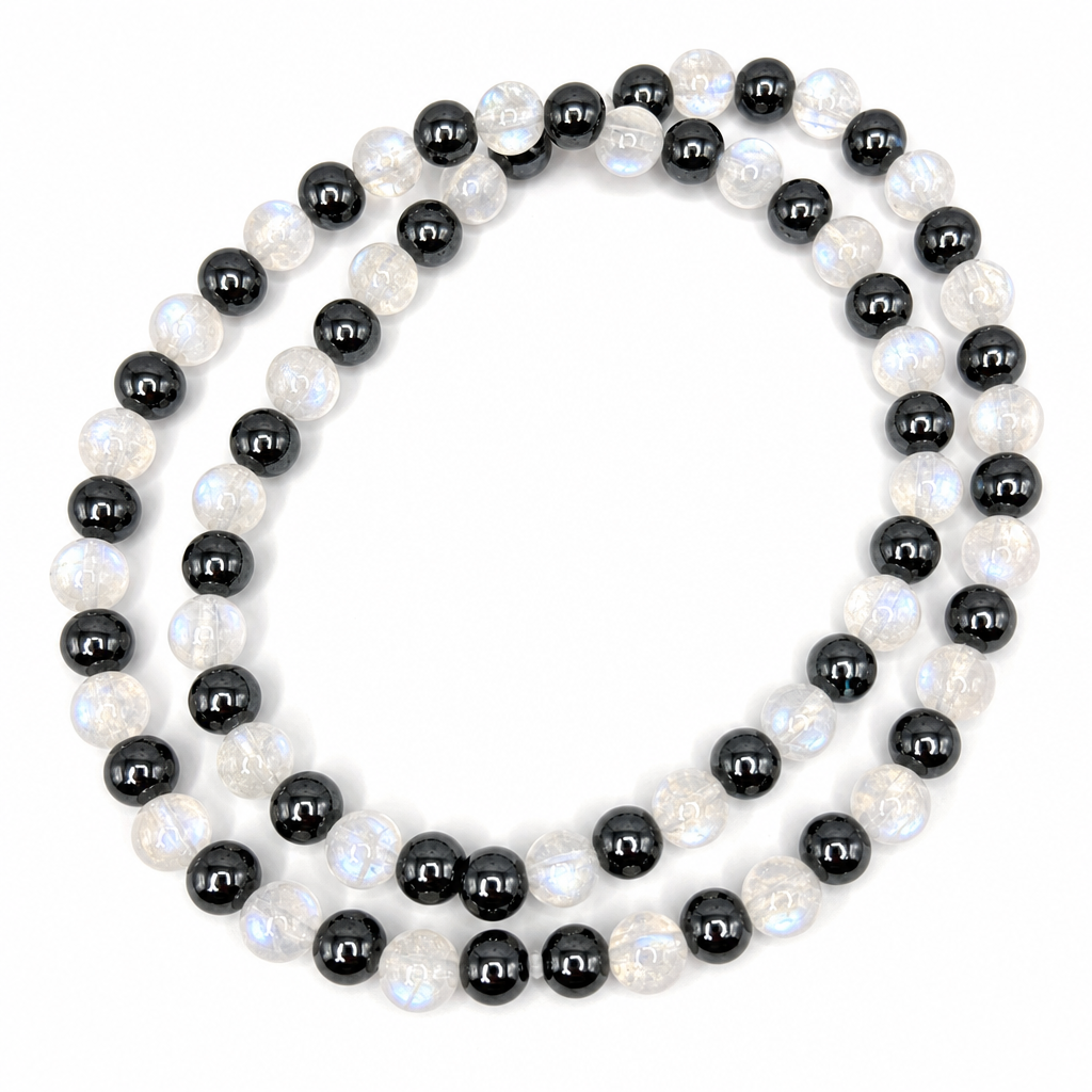 Moonstone + Hematite Beaded Stretch Necklace 6mm • No Clasp • Intuition &amp; Strength Crystal Jewelry - Shop of Small Creations, LLC