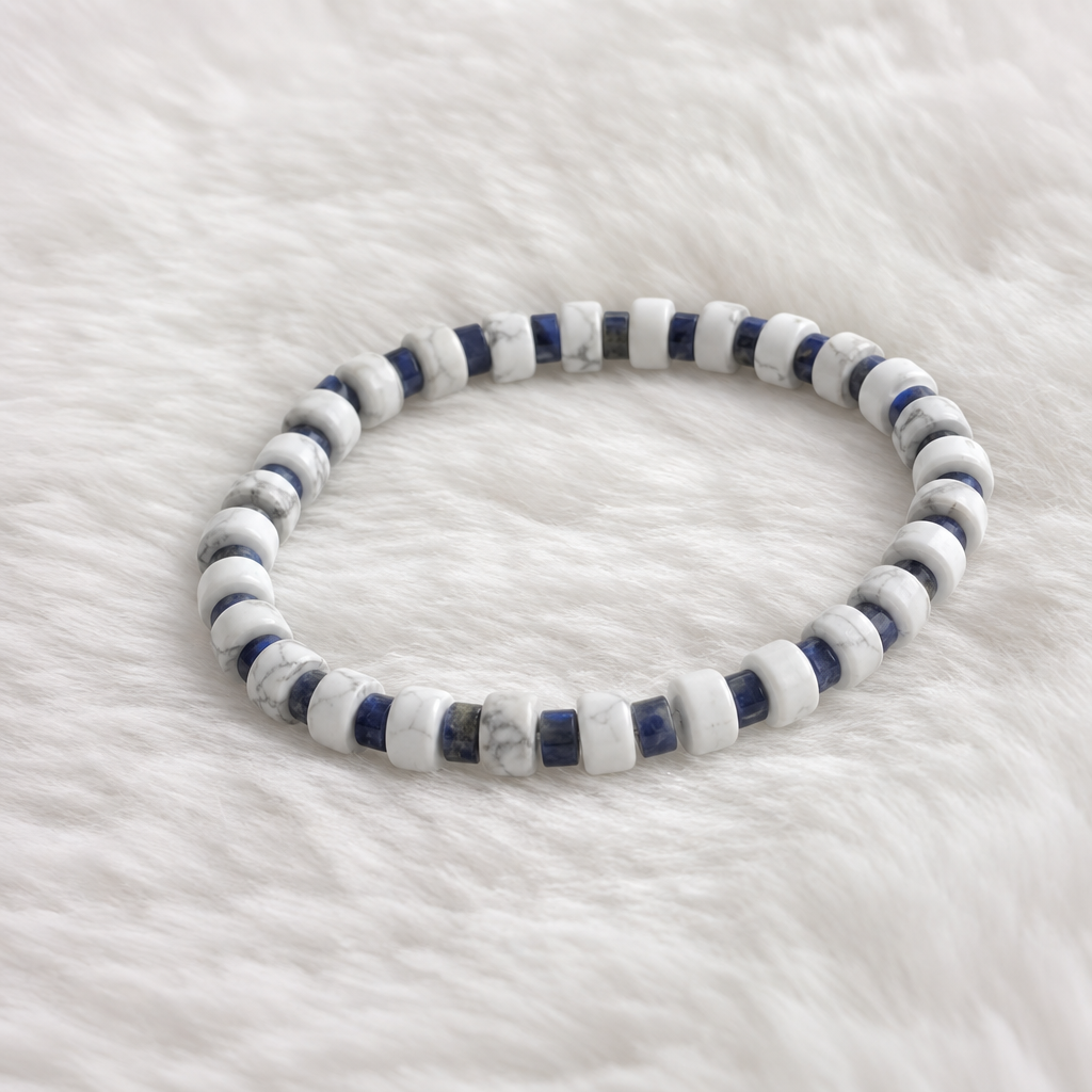 White Howlite (6mm) + Sodalite (4mm) Heishi Stretch Bracelet • No Clasp • Calm & Clarity Crystal Jewelry