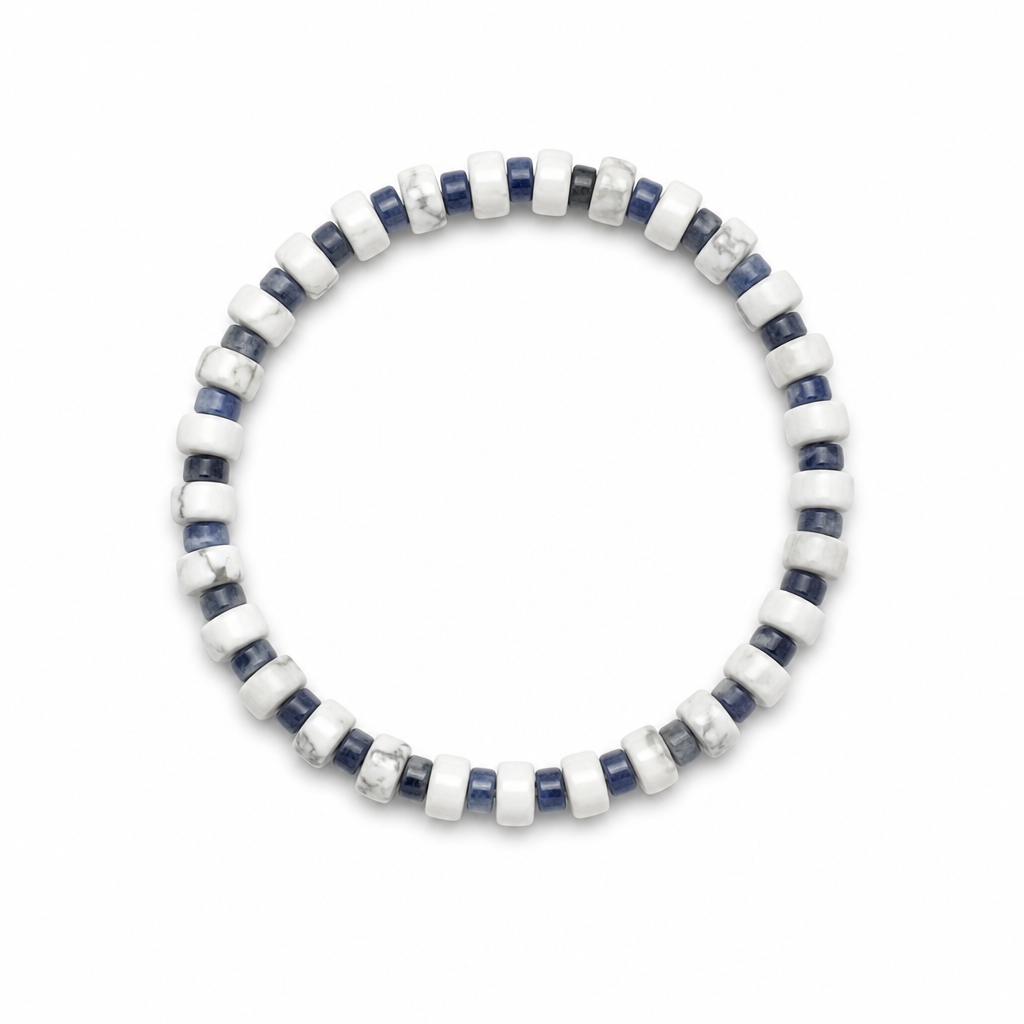 White Howlite (6mm) + Sodalite (4mm) Heishi Stretch Bracelet • No Clasp • Calm & Clarity Crystal Jewelry