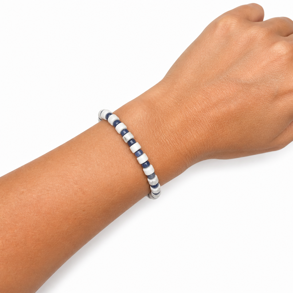 White Howlite (6mm) + Sodalite (4mm) Heishi Stretch Bracelet • No Clasp • Calm & Clarity Crystal Jewelry