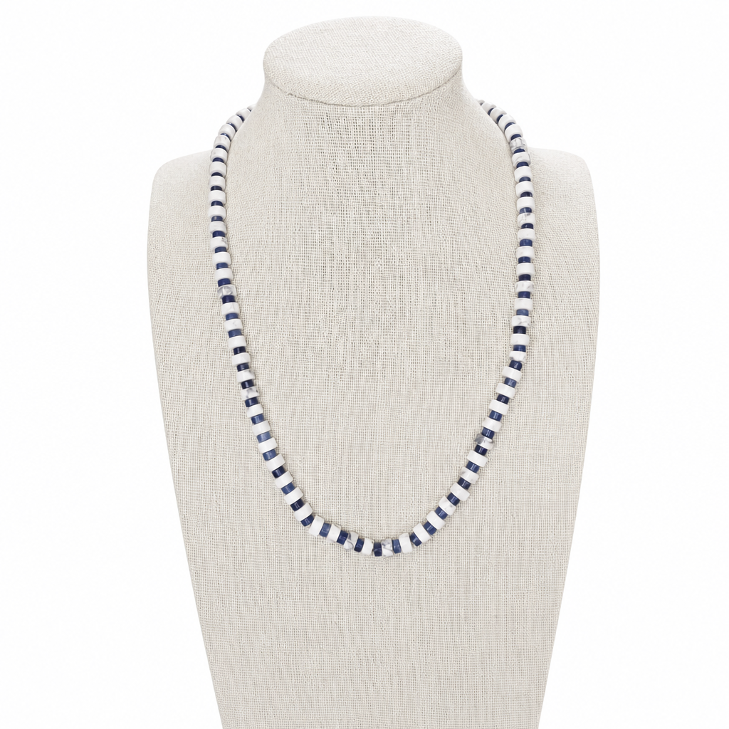 White Howlite (6mm) + Sodalite (4mm) Heishi Stretch Necklace • No Clasp • Calm & Clarity Crystal Jewelry