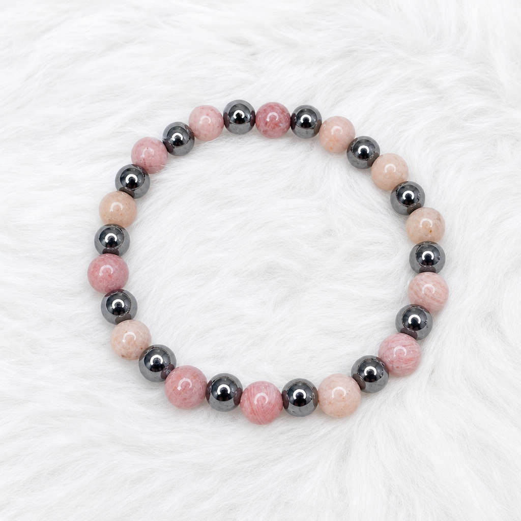 Rhodochrosite, Hematite Beaded Stretch Bracelet - 6mm | Made to Order, No Clasp