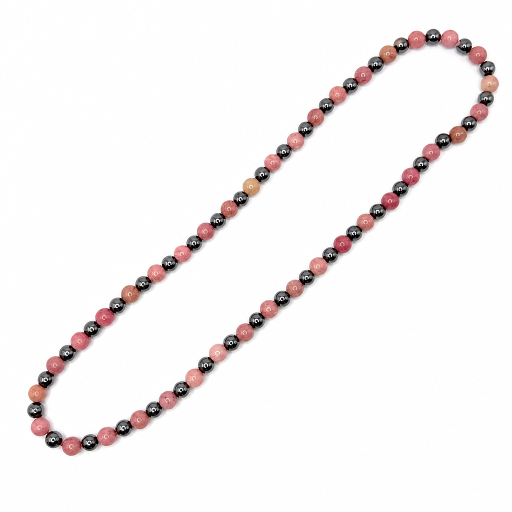 Rhodochrosite &; Hematite Stretch Necklace 6mm • Love & Strength Crystal Jewelry • Handmade