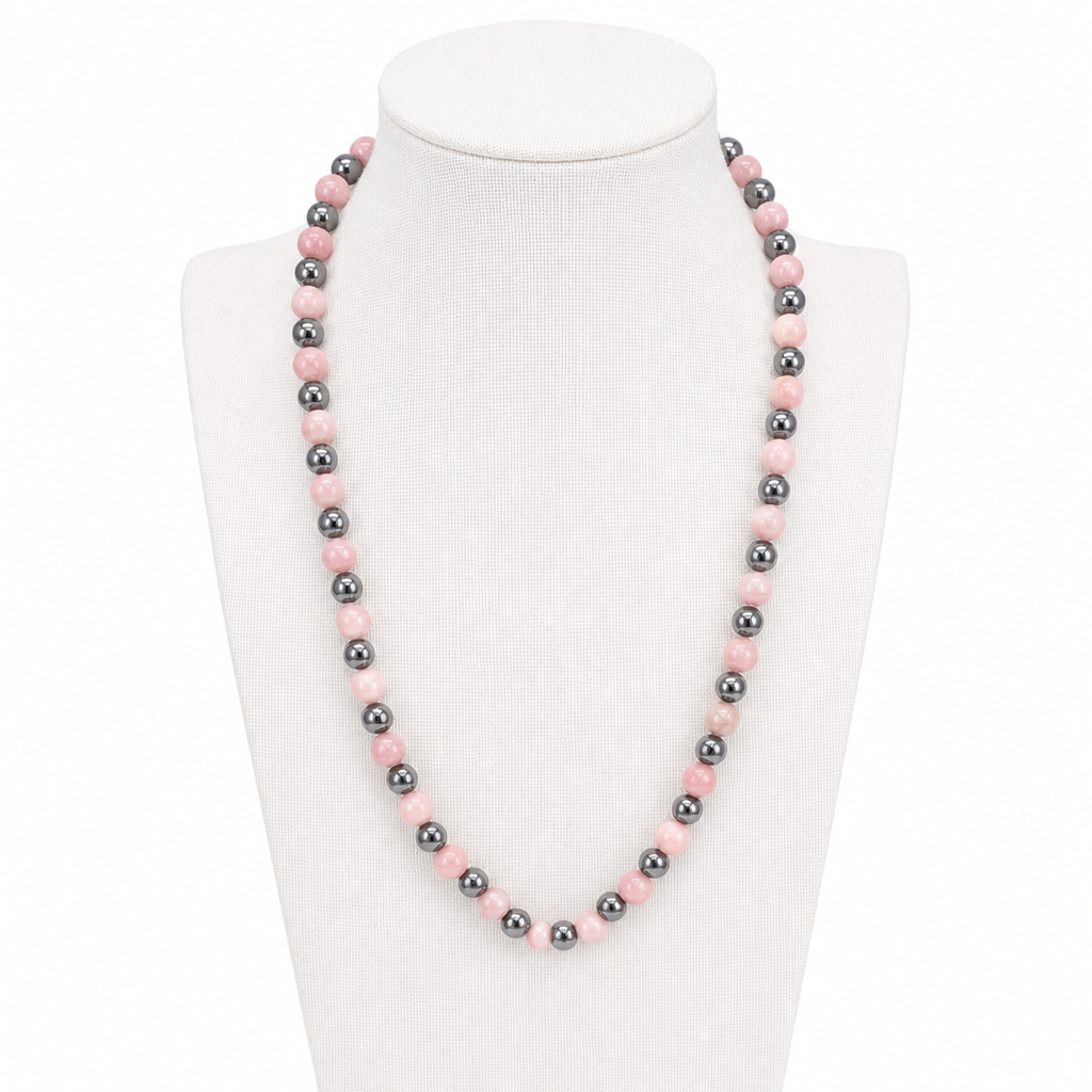 Rhodochrosite &; Hematite Stretch Necklace 6mm • Love & Strength Crystal Jewelry • Handmade