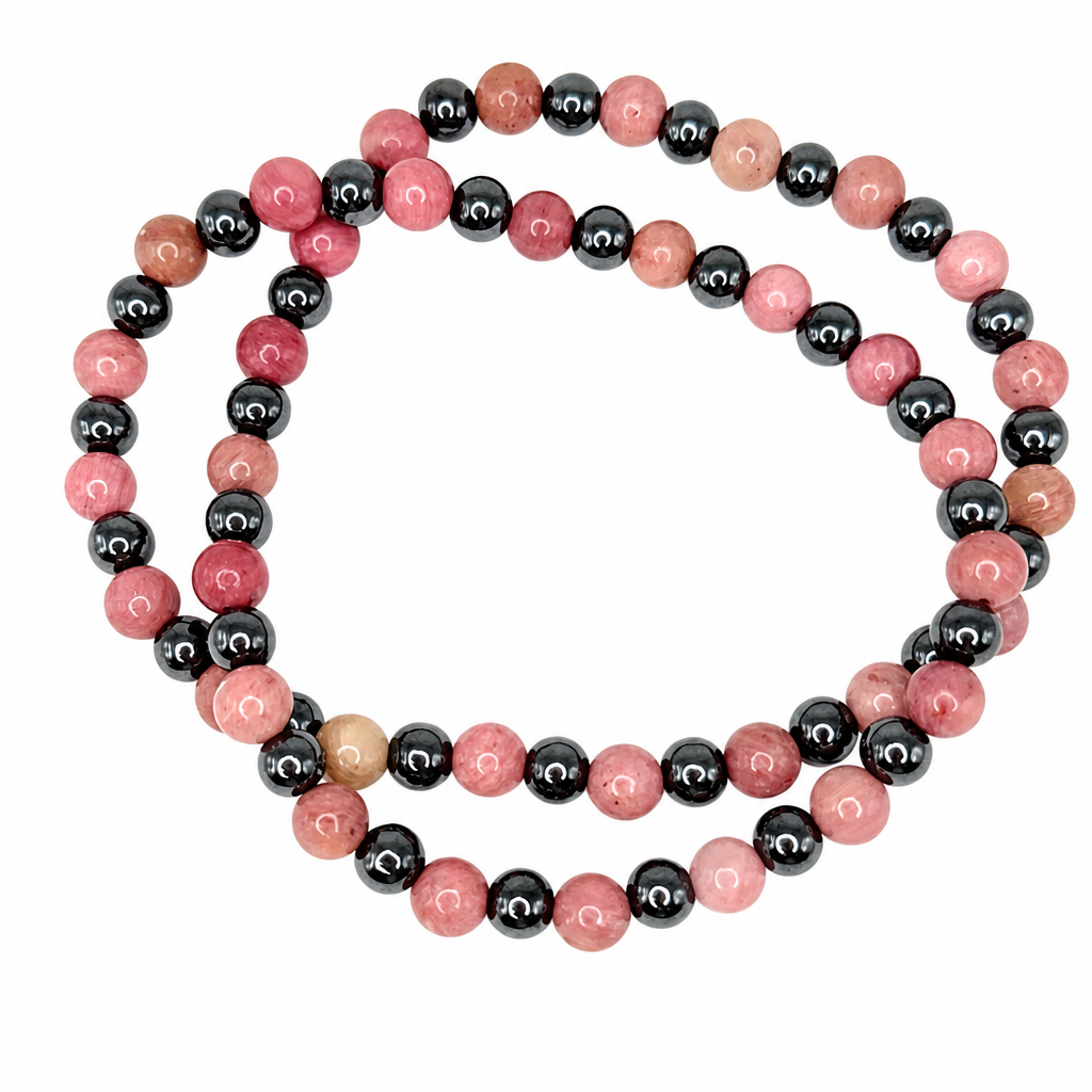 Rhodochrosite &; Hematite Stretch Necklace 6mm • Love & Strength Crystal Jewelry • Handmade