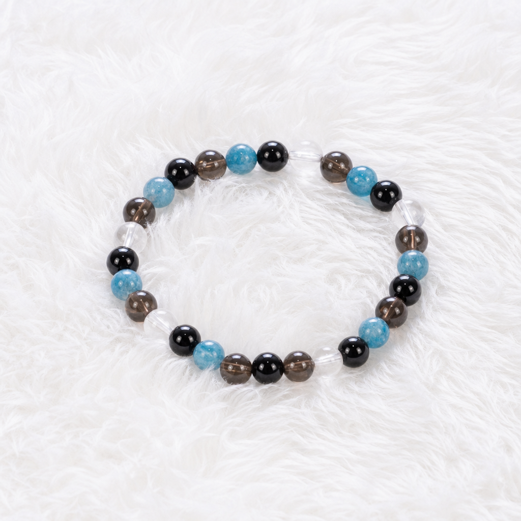 Black Onyx Smoky Quartz Apatite Clear Quartz Stretch Bracelet 6mm • Protection & Clarity Crystal Jewelry