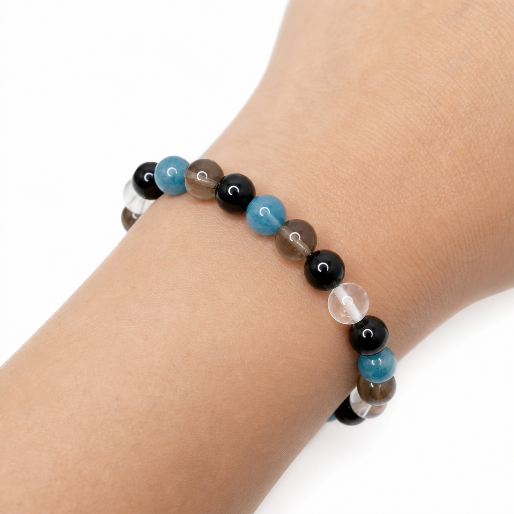 Black Onyx Smoky Quartz Apatite Clear Quartz Stretch Bracelet 6mm • Protection & Clarity Crystal Jewelry